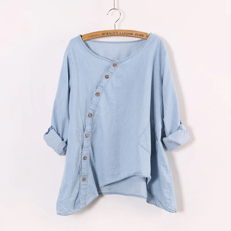  Japanese Mori Girl Vintage Retro Hippie Boho Side Open Irregular Ruffle Pocket Cotton Denim Blue Sh