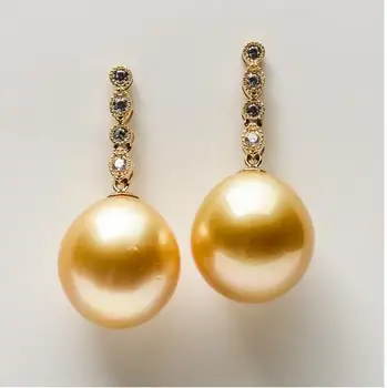 

12.1-12.2mm Golden Genuine South Sea Pearl Drop Earrings 14k Solid Yellow Gold