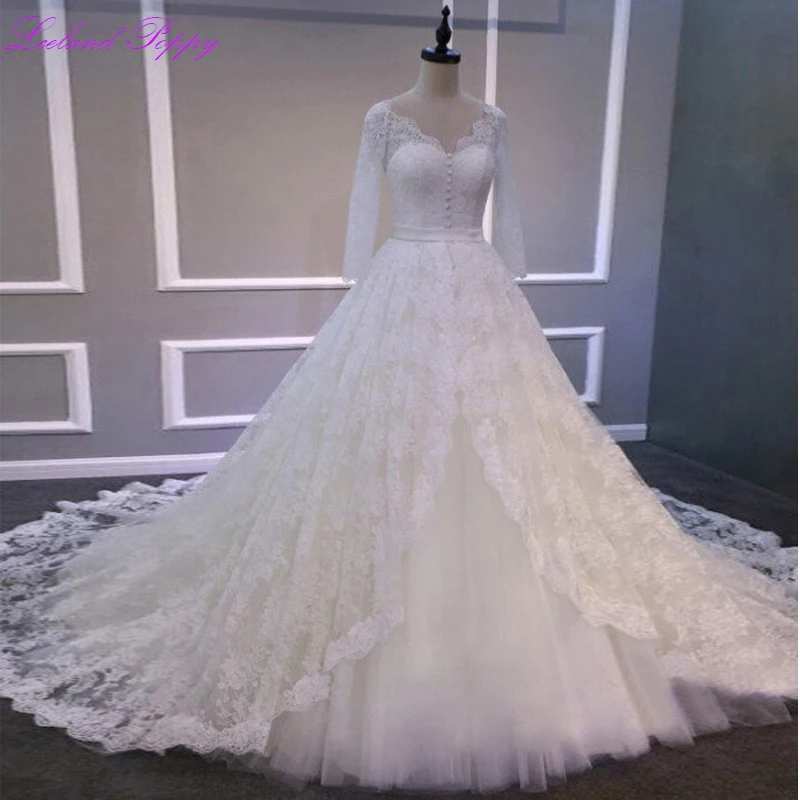 

New Arrival Women's A-line V-neck Embroidery Lace Wedding Dresses Floor Length Full Sleeves Bridal Dresses Empire Waistline