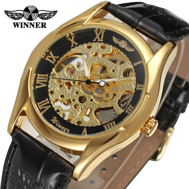 font b Winner b font Men s Watch New Trendy Gold Skeleton Roman Numbers Alloy