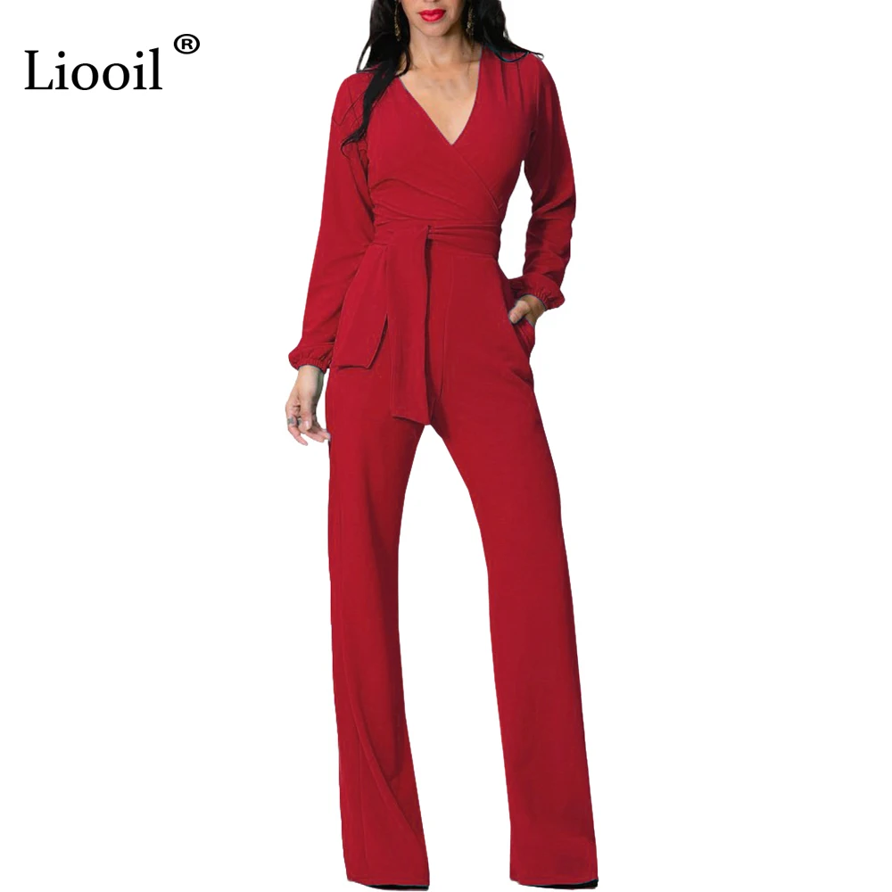 

Liooil 2019 Spring Women Jumpsuit Long Sleeve Deep V Neck Slim Romper Sashes Black Red Blue Elegant Female Jumpsuits Overalls