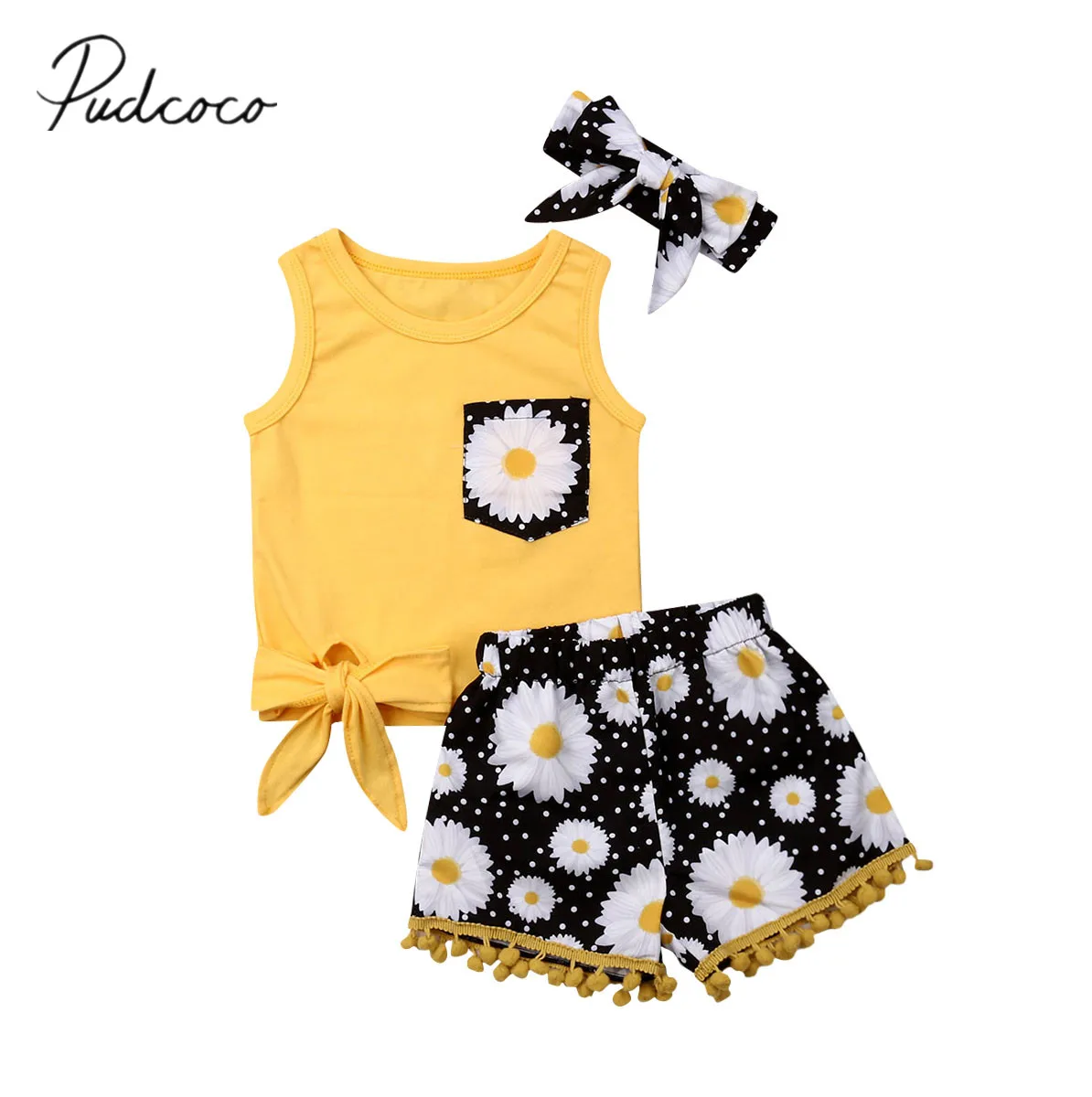 

2019 Baby Summer Clothing Toddler Baby Girl Flower Sleeveless Tops T-shirts Tassel Daisy Short Headband 3PCS Outfits Set Sunsuit