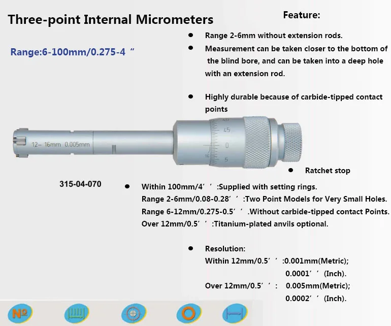 

Three-point Internal Micrometers 6-8-10-12-16-20-25-30-40-50mm Specifiche complete