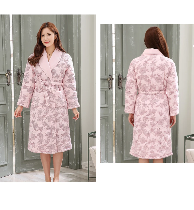Женский халат размера плюс, халат для дома, зимний плотный хлопковый розовый халат, цветочный принт, с поясом, 3 слоя, хлопковое кимоно