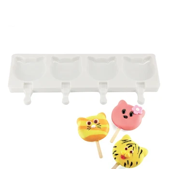 

Yiwumart Silicone DIY 4 Cavity Cat Ice Cream Mold + 20PCS Sticks For Lollipop Candy Stencil Chiffon Dessert Baking Pastry Tools
