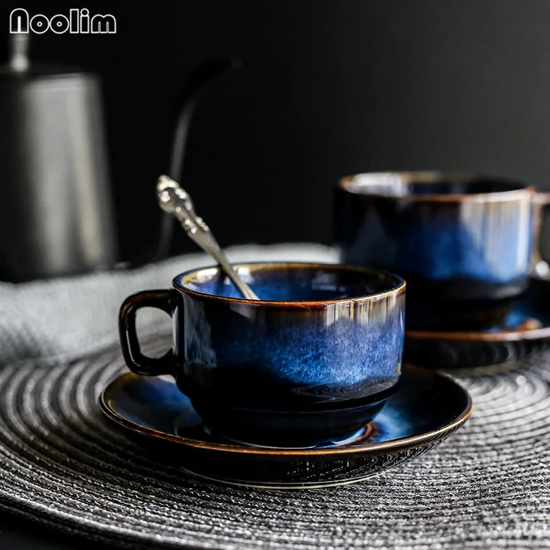 

Ceramic Deep Blue Coffee Cup Saucer Set Breakfast Afternoon Tea Cup Set Antique Coffee Cup