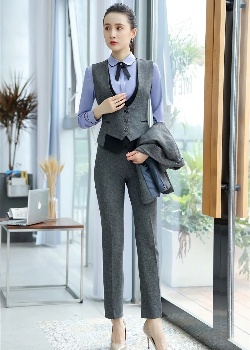 Two Piece Set Women Business Suits with Pant and Top Sets Grey Vest