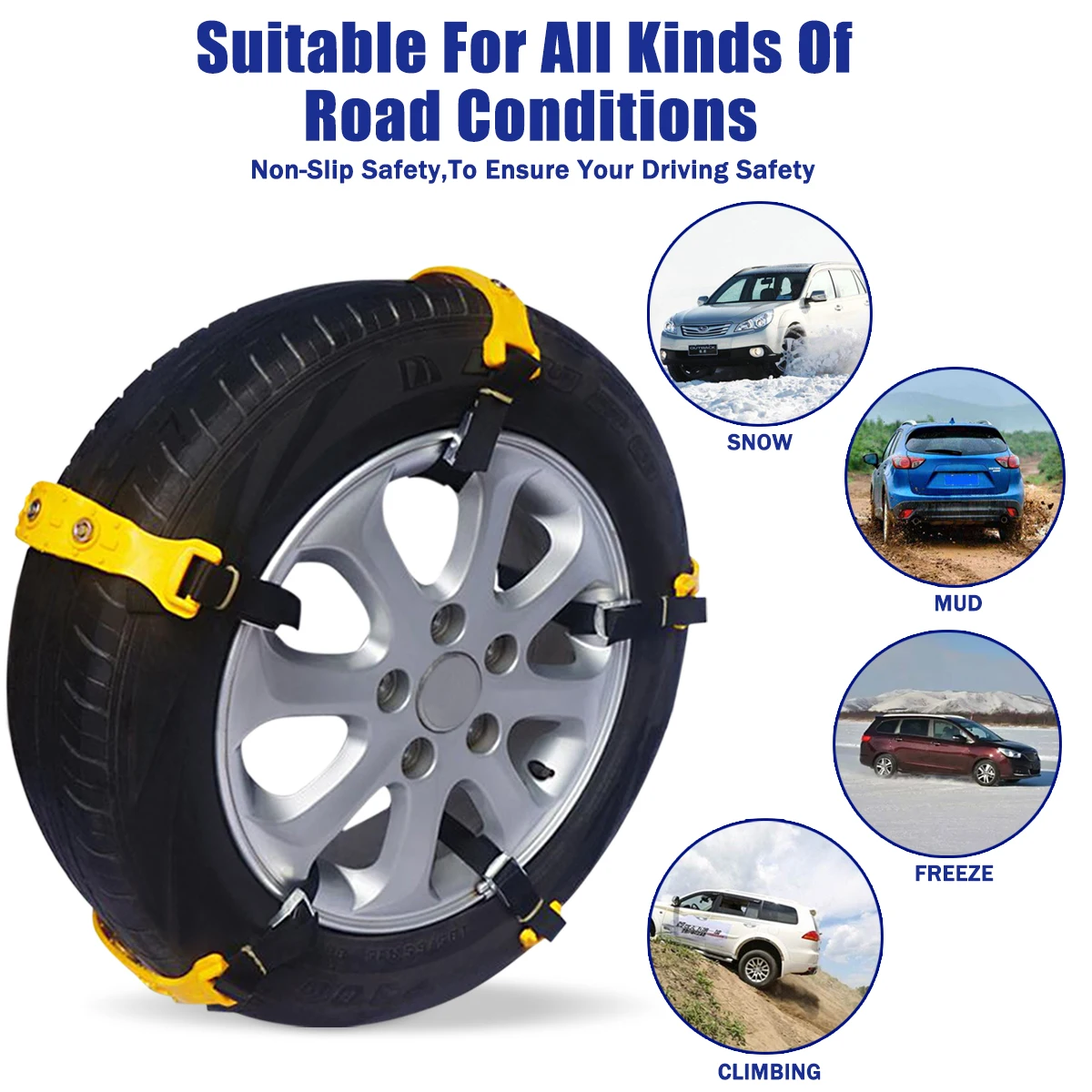 

10pcs Car Yellow Tire Snow Chains Beef Tendon VAN Wheel Tyre Anti-skid TPU Chains 37 x 4.7cm