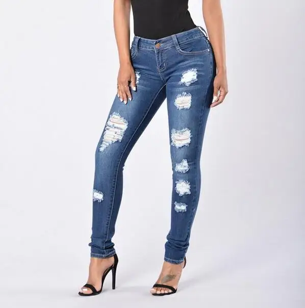 

Large size women's new fashion casual clothes solid color broken button long section of jeans distressed jeans women's jeans