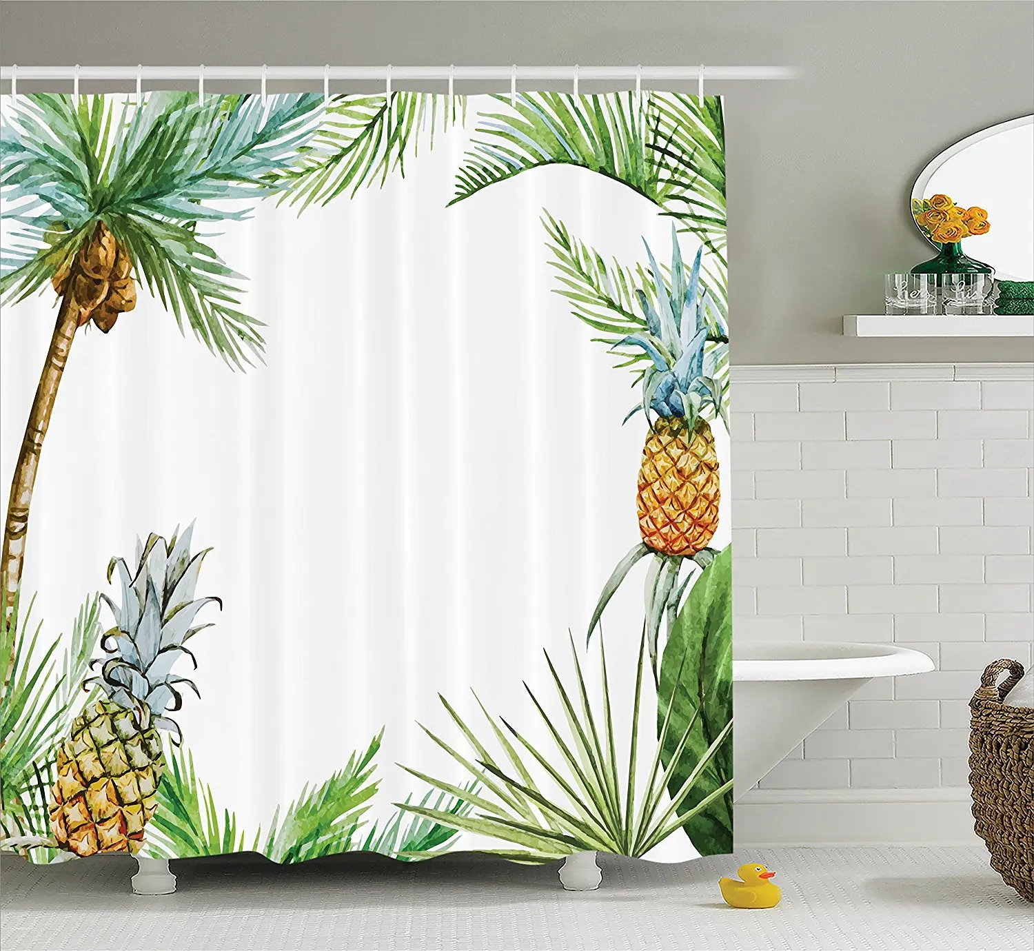 Watercolor Pineapple Friut Decor Fabric Bathroom Shower Curtain & hooks 71Inch 