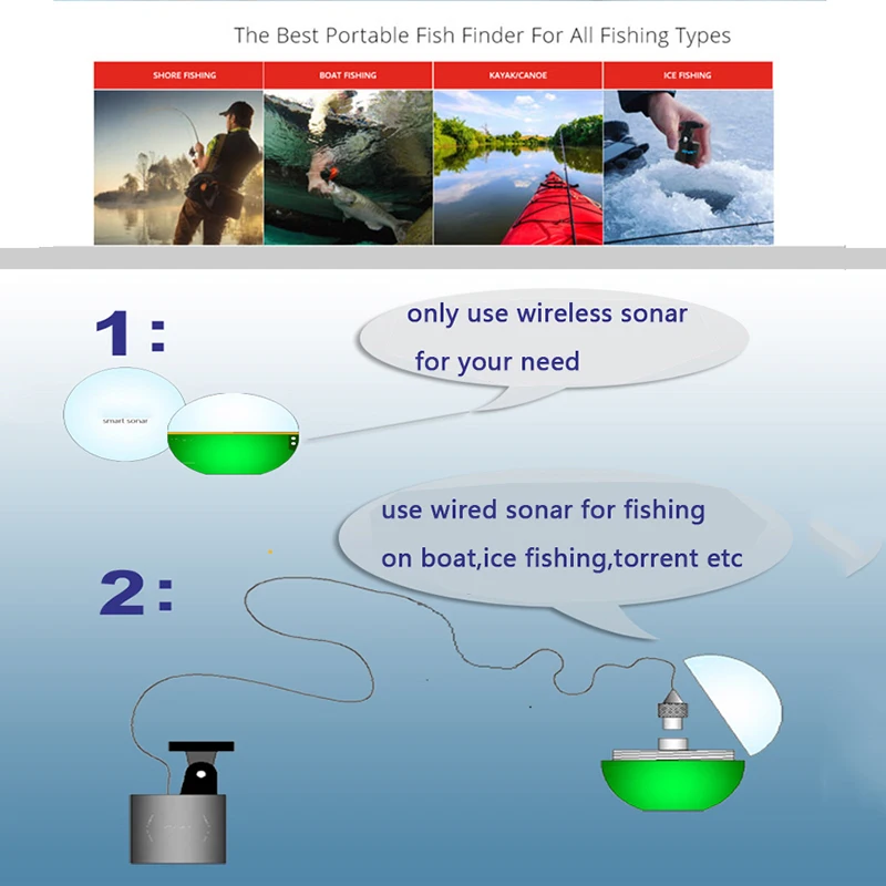  Portable Double Sonar Fish Finder Bluetooth Wireless Depth Sea Lake Fish Detect Echo Sounder Sener 