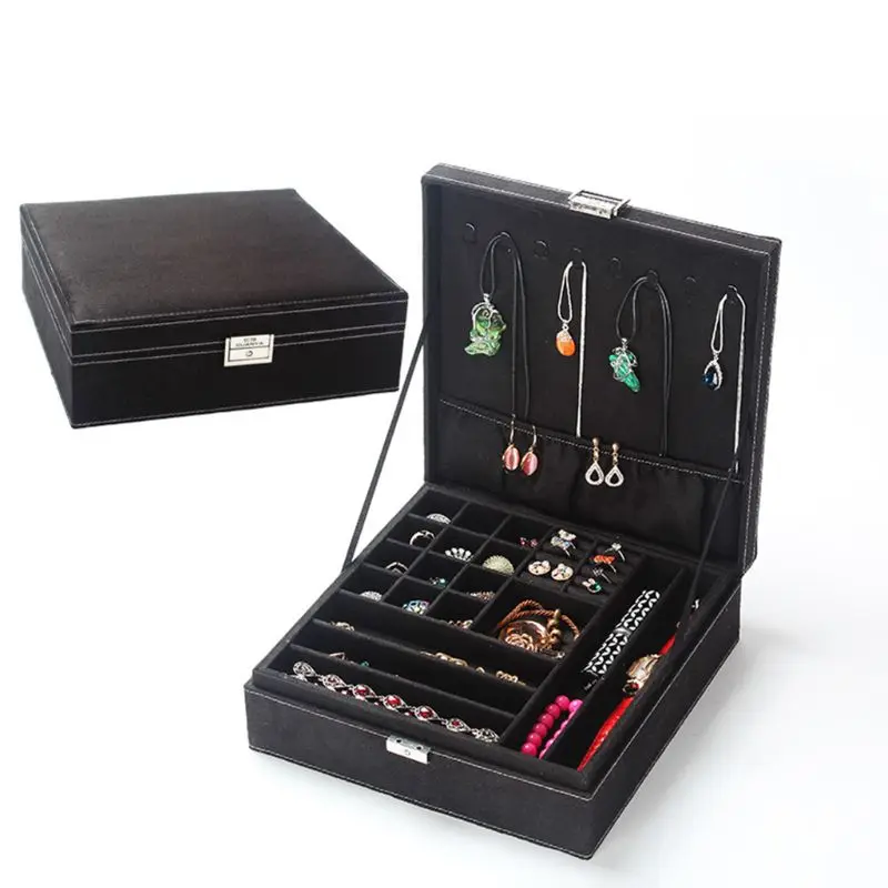 Двухслойная портативная коробка для ювелирных изделий, органайзер для хранения, серьги, кольца, заколки для волос, ожерелье, держатель для браслета, чехол для дисплея, подарок для женщин - Цвет: Черный