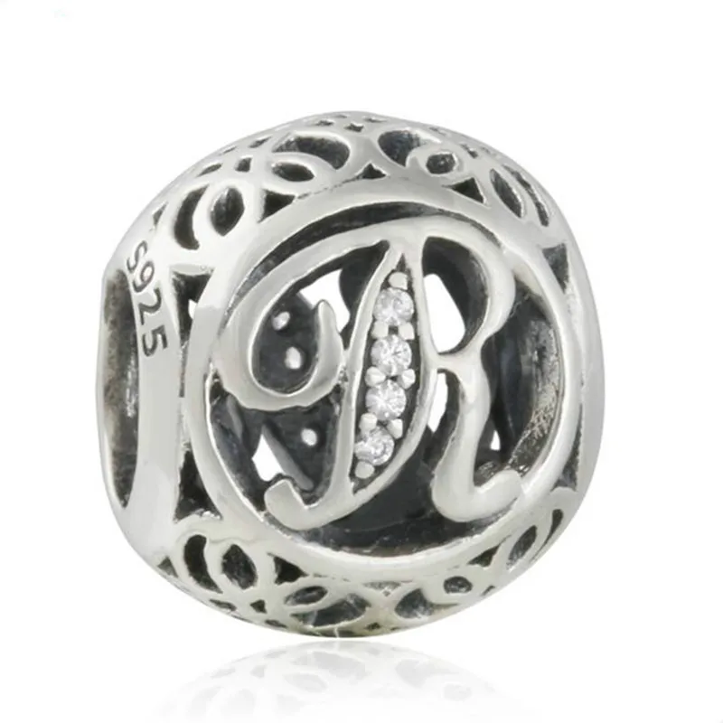 New 925 sterling silver Openwork Letter R Charm Vintage Alphabet Beads