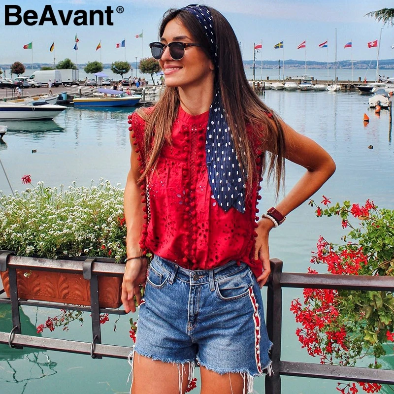 

BeAvant Elegant cotton women blouse shirt Sleeveless summer tank top shirts female Embroidery tasssel casual red ladies blouses