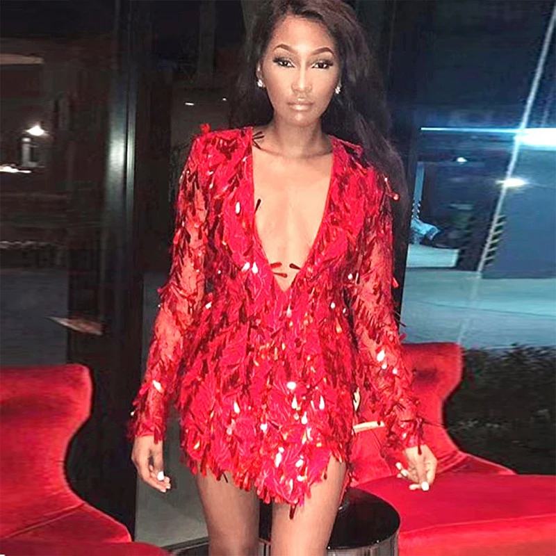 

New Model Fashion Red Long Sleeve Women Dress High Quality Sexy Deep V Neck Shining Sequin Celebrity Night Party Dress Wholesale