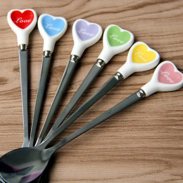 Cheap 2019 6 Colorful love heart-shaped ice cream spoon Ceramic Handle stainless steel cutlery Creative stir spoon coffee dessert Tea 