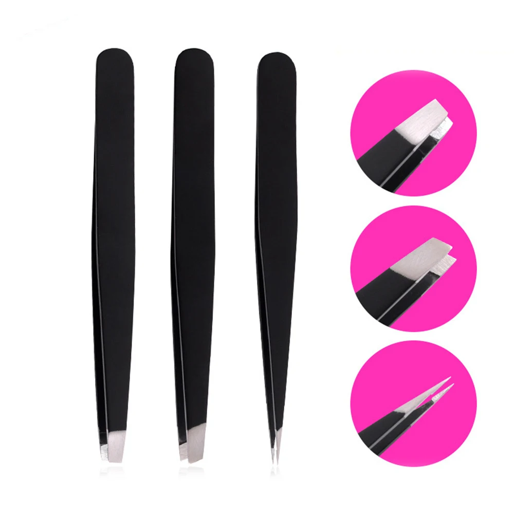 3pcs Stainless Steel Tweezers Eyebrow Tweezers Hair Removal Slanted Tip