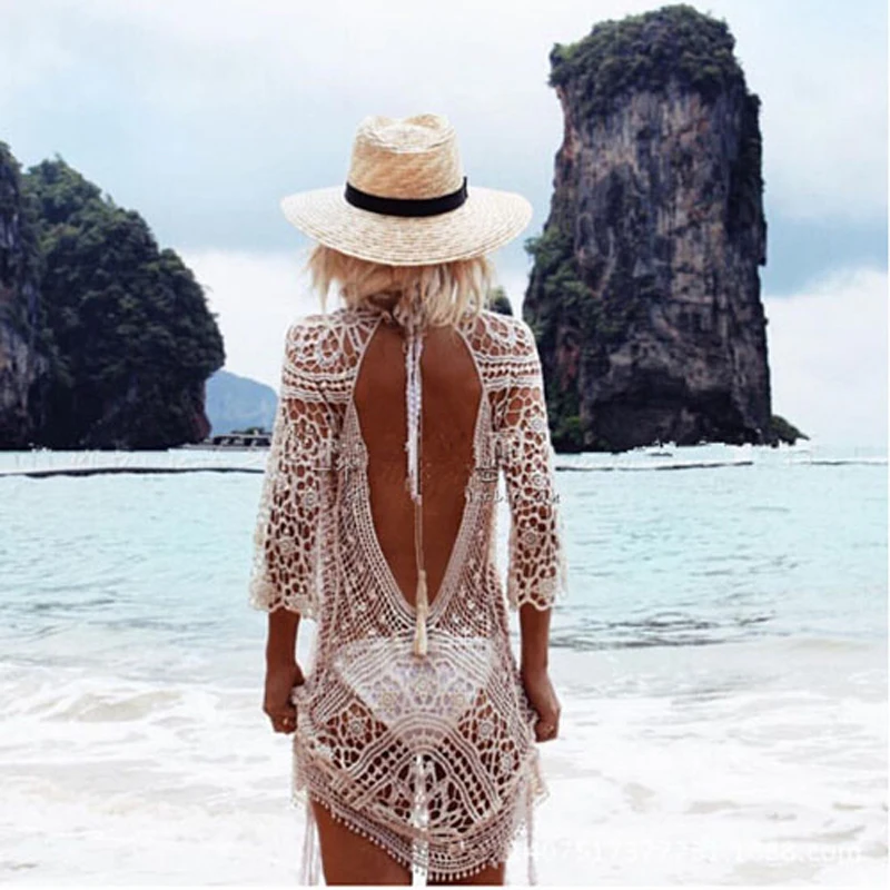 

Swimwear Cover Up Women White Lace Tunic Beach Dress Clothing Backless Bathing Suit Crochet Bikini Swimming Beach Wear