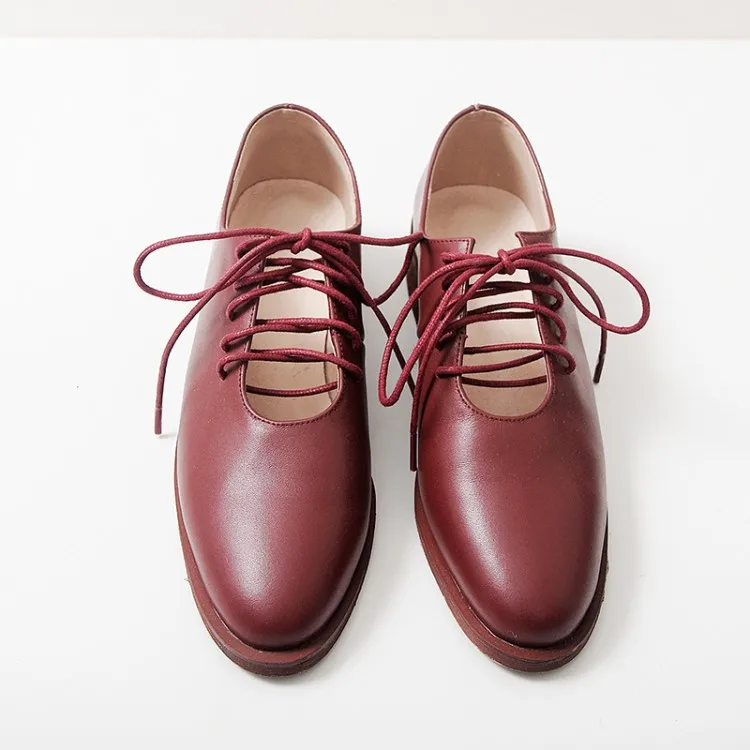 

MLJUESE 2018 women flats cow leather apricot color round toe lace up flats spring comfortable loafers casual flats