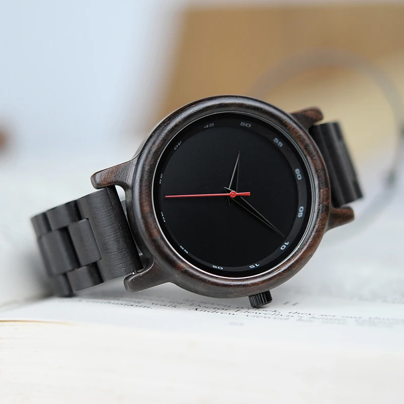 BOBO BIRD All Ebony Wooden Watch Simple Black Quartz Men Wristwatch in Wooden Gift Box