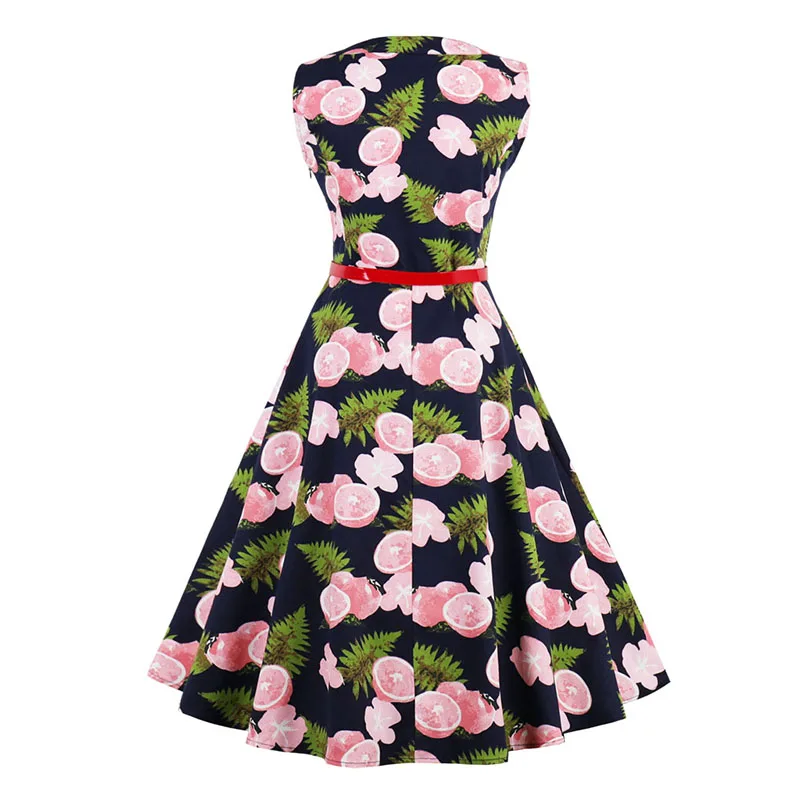 Kostlich 2018 Belt Tunic Women Summer Dress Sleeveless O-Neck Hepburn 50s 60s Vintage Dress Print Elegant Party Dresses Sundress (13)