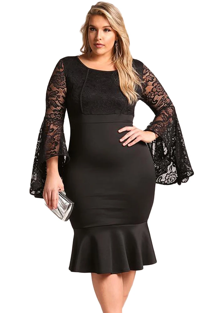 Black-Plus-Size-Lace-Bell-Sleeve-Mermaid-Bodycon-Dress-LC61875-2-1