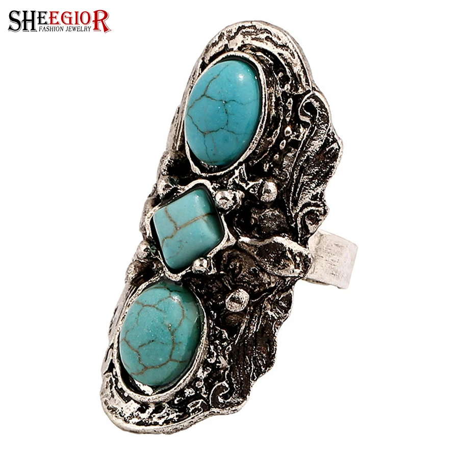 SHEEGIOR Vintage Turquoises Long Rings for Women Bague Femme Boho Ethnic Retro Silver Big Ring Men's Fashion Jewelry Accessories