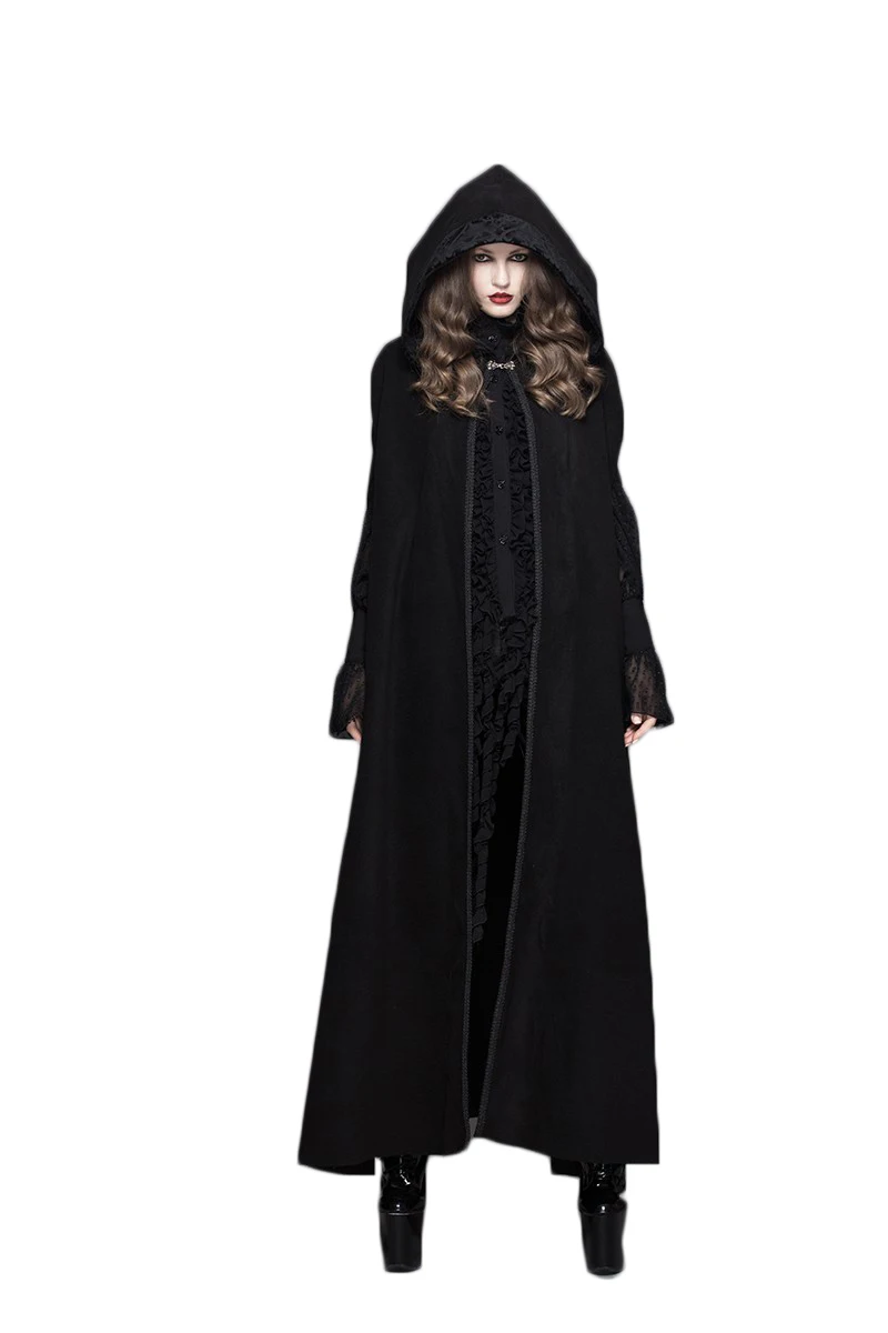 Зимний мужской женский черный Тренч в стиле стимпанк, пальто с длинным рукавом и отстегивающимся капюшоном, плотные длинные пальто с перьевой шалью CT031