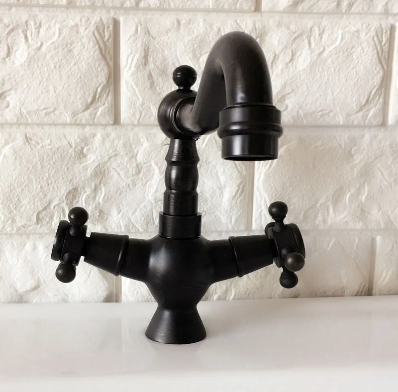 Black Oil Rubbed Brass Dual Cross Handles One Hole Bathroom Kitchen Basin Sink Faucet Mixer Tap Swivel Spout Deck Mounted mnf360
