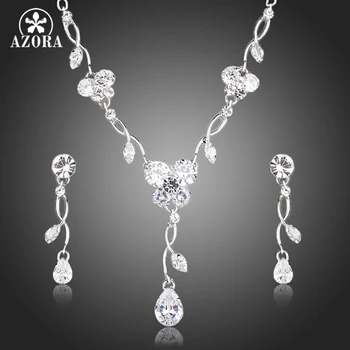 

AZORA Luxury Clear Cubic Zirconia Tear Drop Earrings and Pendant Necklace Jewelry Sets TG0136