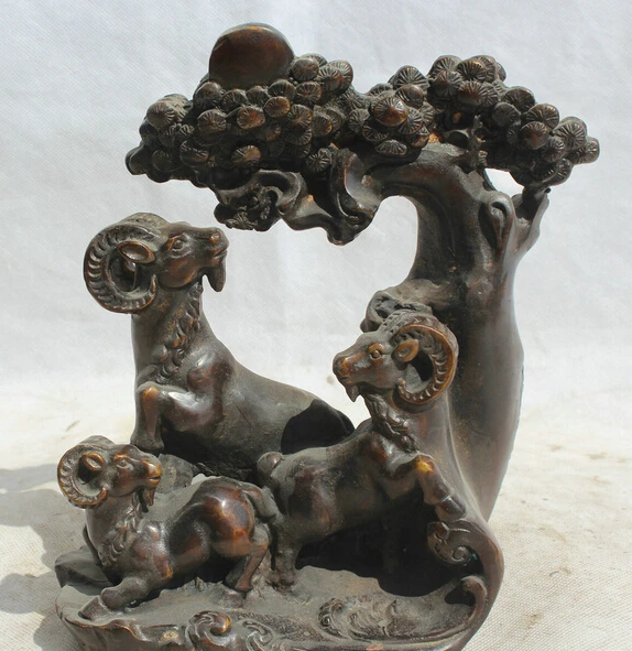 

JP S62 8" Chinese Bronze Folk Fengshui Zodiac Year three Sheep Goat Statue sculpture B0403
