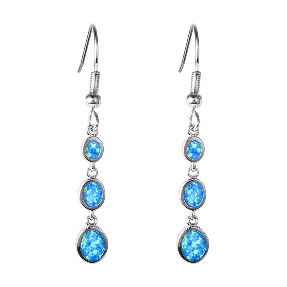

925 Sterling Silver Stackable Drop Earrings White Blue Fire Opal Earrings Pendientes Jewelry