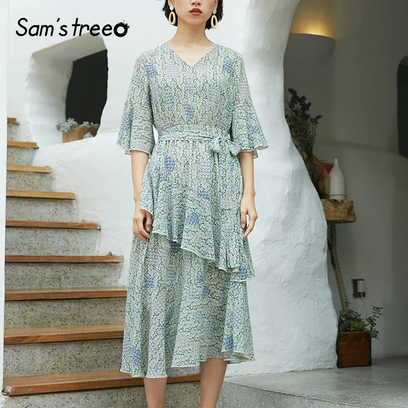 

Samstree Summer Chiffon Floral Printed Women Dresses Lace up Ruffles Belt V-Neck Half Butterfly Sleeve Female Long Vestidos