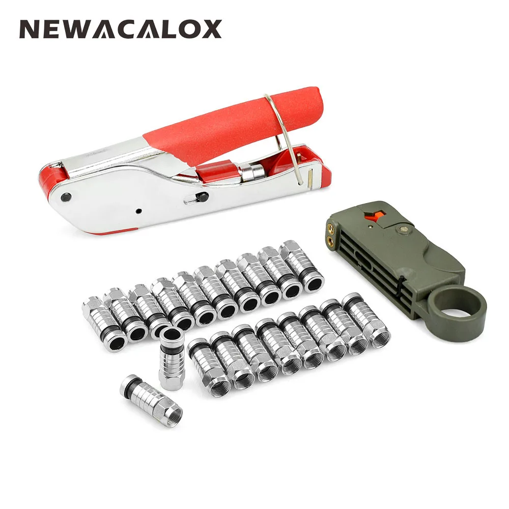 

NEWACALOX Coaxial Cable Wire Stripper Crimping Pliers Wire Stripping Pliers Kit RG6/RG59 20pcs F Head Cable TV Connector Tool