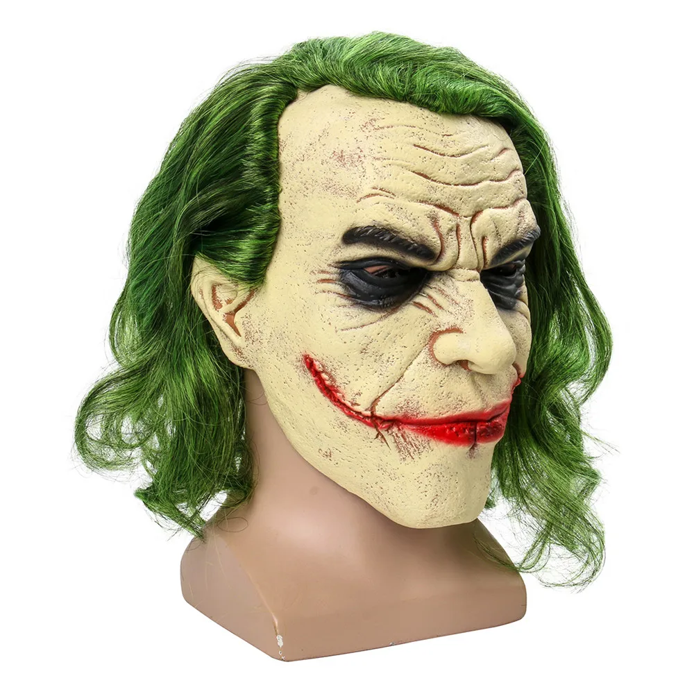 Маска Джокера из фильма Бэтмен Темный рыцарь Косплей страшная маска клоуна с зелеными волосами парик Хэллоуин Латексная Маска карнавальный костюм