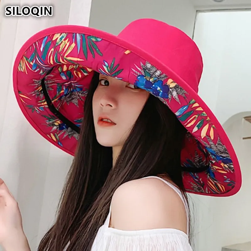 

SILOQIN Double-sided Wearable Women's Large Visor Sun Hats Removable Anti-UV Beach Hat For Women Foldable Oversized Female Cap