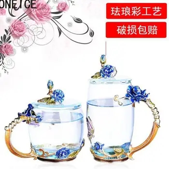 

ONEICE Enamel Glass Mug Milk Tumbler Office Coffee Tumbler Breakfast Mugs with lid