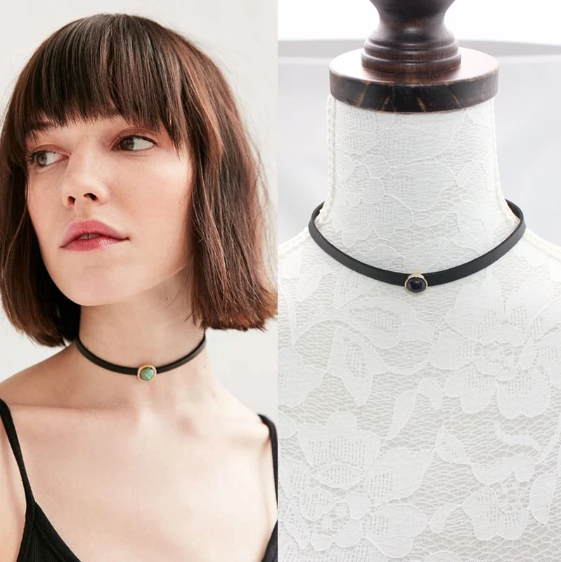 Cool Style Thin Black Pu Leather Faux Stone Charm Choker Necklaces