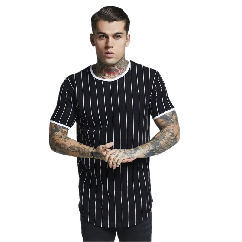 EBAIHUI European and American Men's Stripe Tshirt Summer Stitching Man Black Tshirt Slim Fit Army Green Cotton Tee for Man PT14
