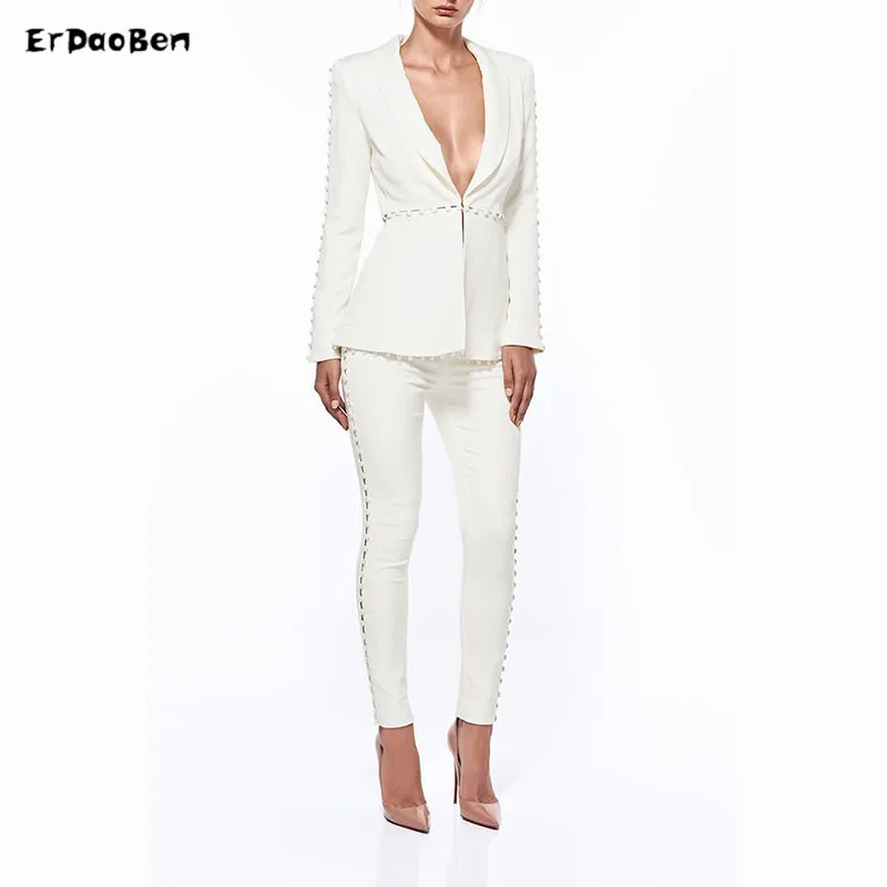 Jacket+Pants white Women's safari style Business Suits Blazer Female Office Formal Trouser Pant 