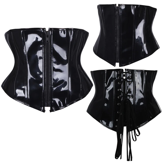 Fashion PVC Zipper Waist Trainer Corsets Top Black Fancy Bondage Bustiers Boned Lace Up