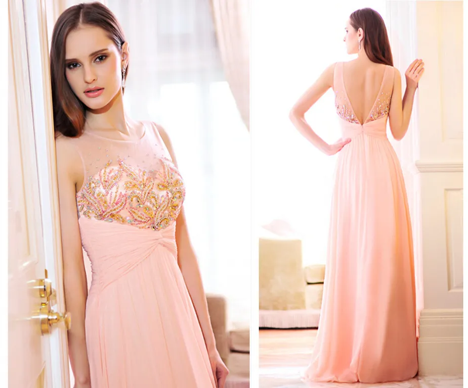 

custom-made floor-length New fashion sexy v back crystal beading pink long prom gown 2018 new hot free shipping