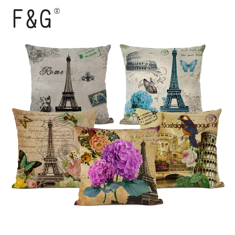 

45x45cm Cotton Linen Cushion Cover Retro Vintage Franch Paris Eiffel Tower Pillow Cover Car Sofa Throw Pillowcase Home Decor