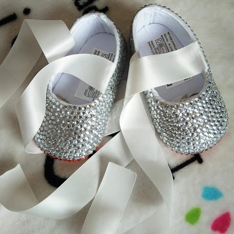 

free shipping red Crystal ribbon silver rhinestone Baby Girl's shoes handmade Bling Bling diamond soft First Walkers kids shoes