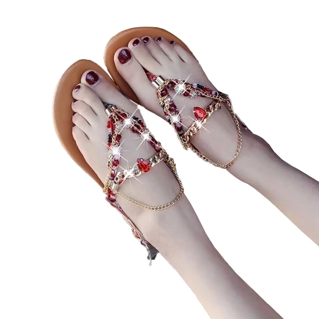 Новые летние Корейская версия Для женщин сандалии в богемском стиле, стразы на ремешке с пряжкой сандалии на ремешках на плоской подошве Пляжная обувь для улицы Апрель 8