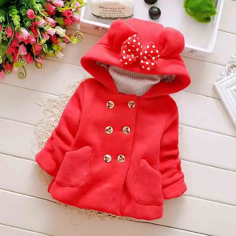 Новая одежда для девочек, Брендовое плотное шерстяное пальто с рисунком Минни, хлопковая рубашка с капюшоном, двубортное пальто с длинными рукавами и карманами с бантом - Цвет: Красный