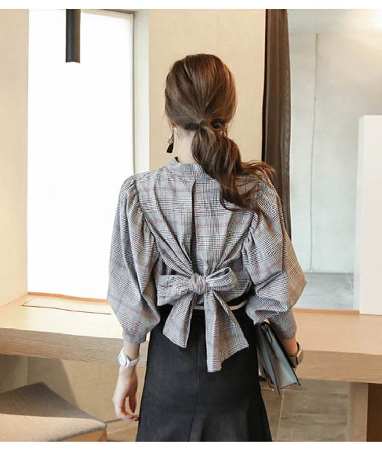 JSXDHK New Fashion Autumn Woemn Blouse Office Lady Plaid Long Lantern Sleeve Formal Back Bow Stand Collar Shirt Tops