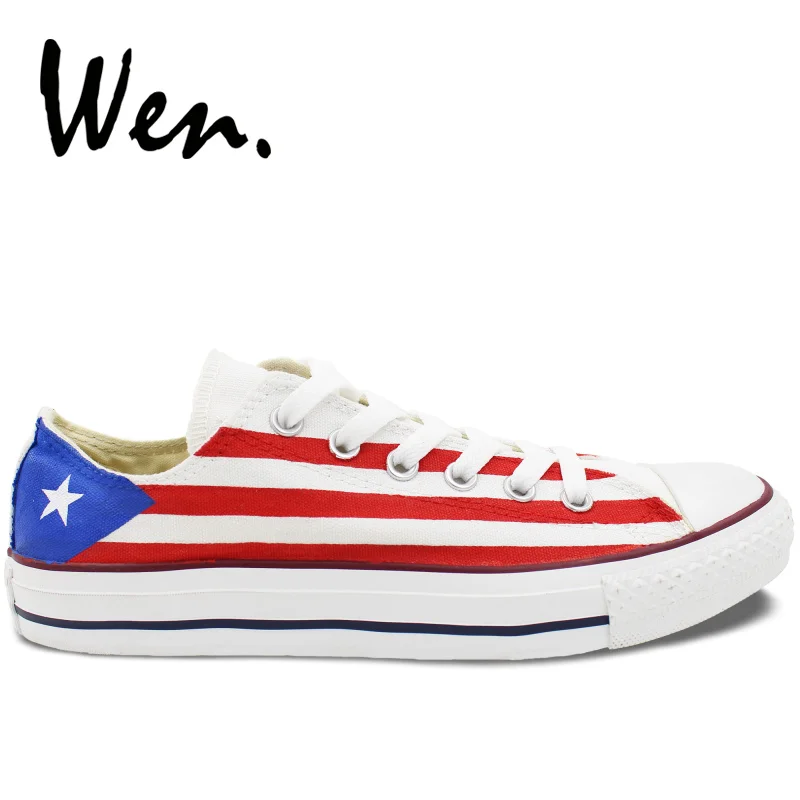 Wen Custom Design White Low Top Shoes Hand Painted Puerto Rico