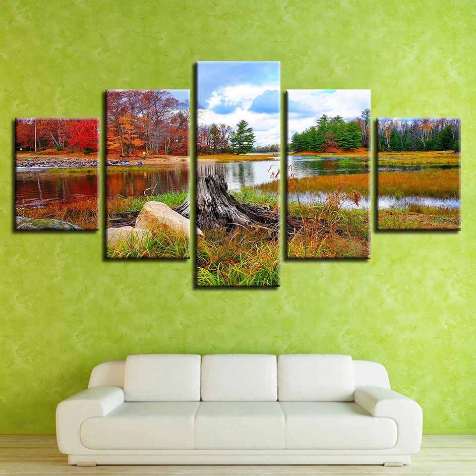 

Canvas Poster Art Printing 5 Pieces River Red And Green Forest Landscape Modular Paintings Framed Bedroom Wall Decor HD Pictures
