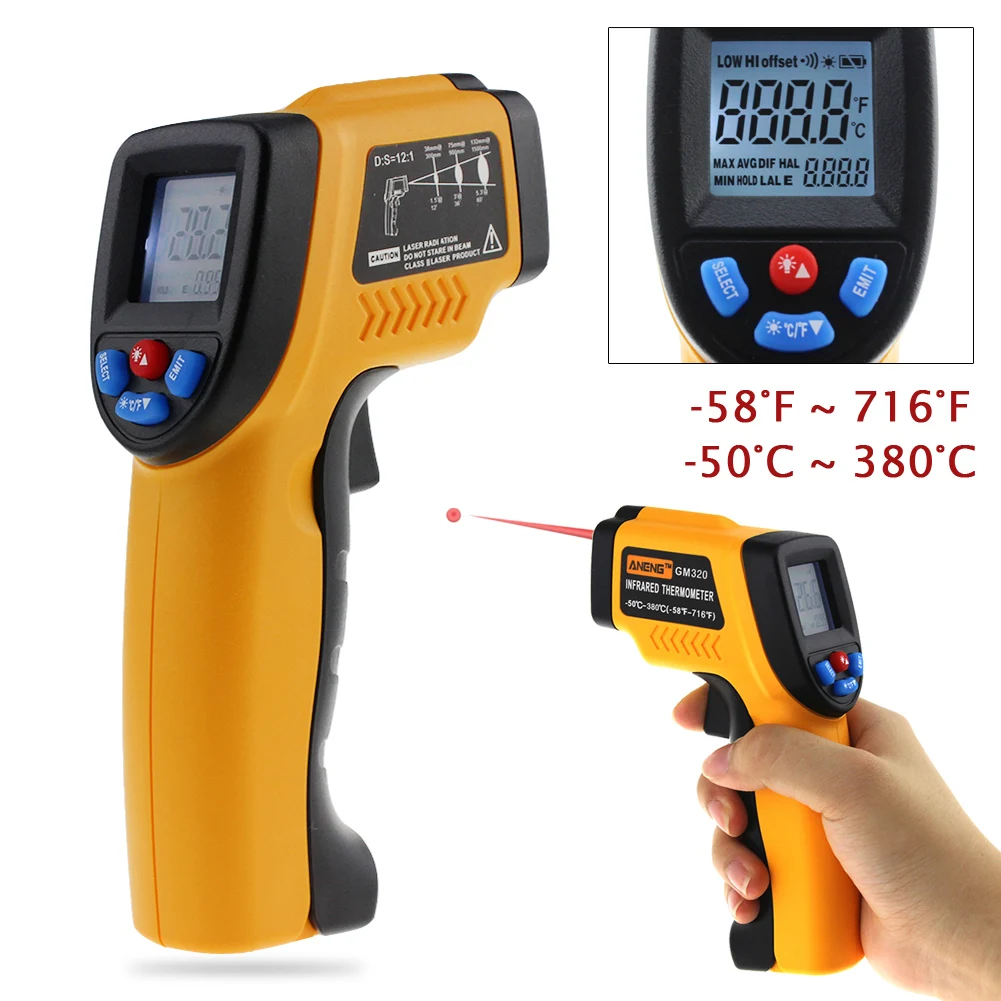 

GM320 Laser LCD Digital Thermometer handheld IR Infrared Thermometer Non-Contact Temperature Meter Guage Point Gun